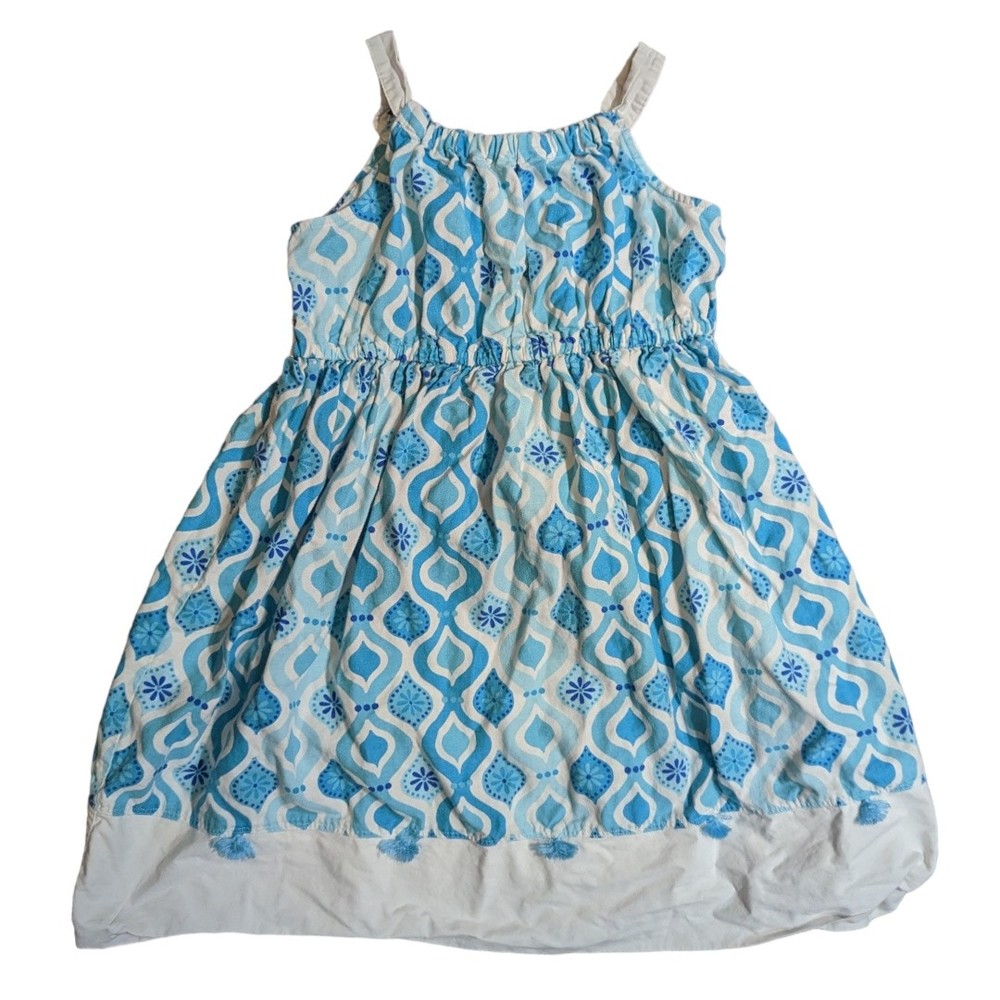 Gymboree Girls Linen Blend Dress Aqua Summer Tassel Tile Print Size 9 Blue White